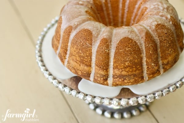 Cream Cheese Pound Cake on a cake stand