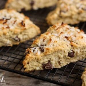 These scones are flaky and filled with sweet coconut and dark chocolate.