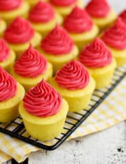 Mini Lemon cupcakes topped with Fresh Raspberry Buttercream