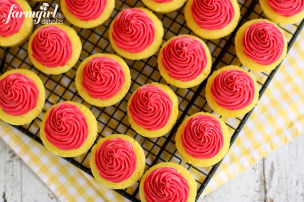 top view of raspberry frosted cupcakes