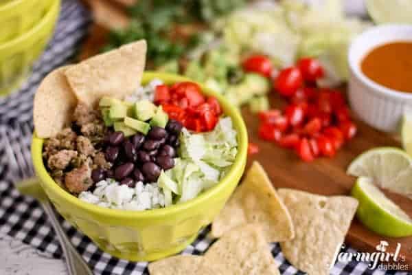 Turkey Taco Bowls with tortilla chips