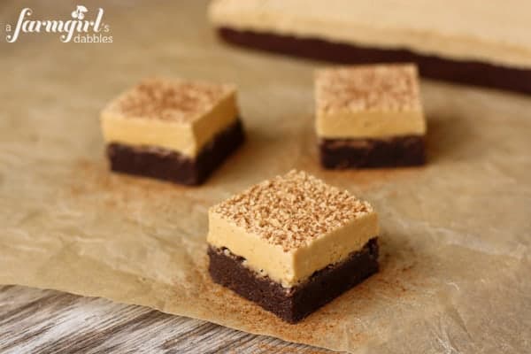 square pieces of Espresso Brownies topped with Peanut Butter Marshmallow Frosting