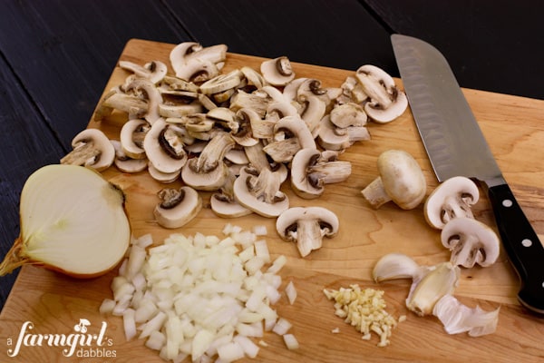 sliced onions, mushrooms, and garlic