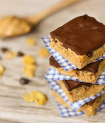 a stack of Chocolate Peanut Butter Cereal Bars