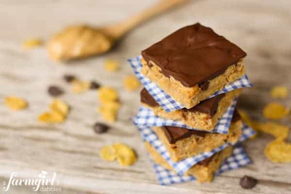 a stack of Chocolate Peanut Butter Cereal Bars