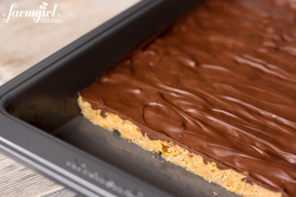 a Pan of unsliced Peanut Butter Cereal Bars