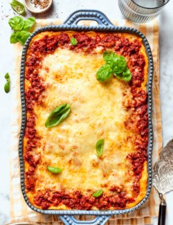 Overhead view of spaghetti casserole in baking dish