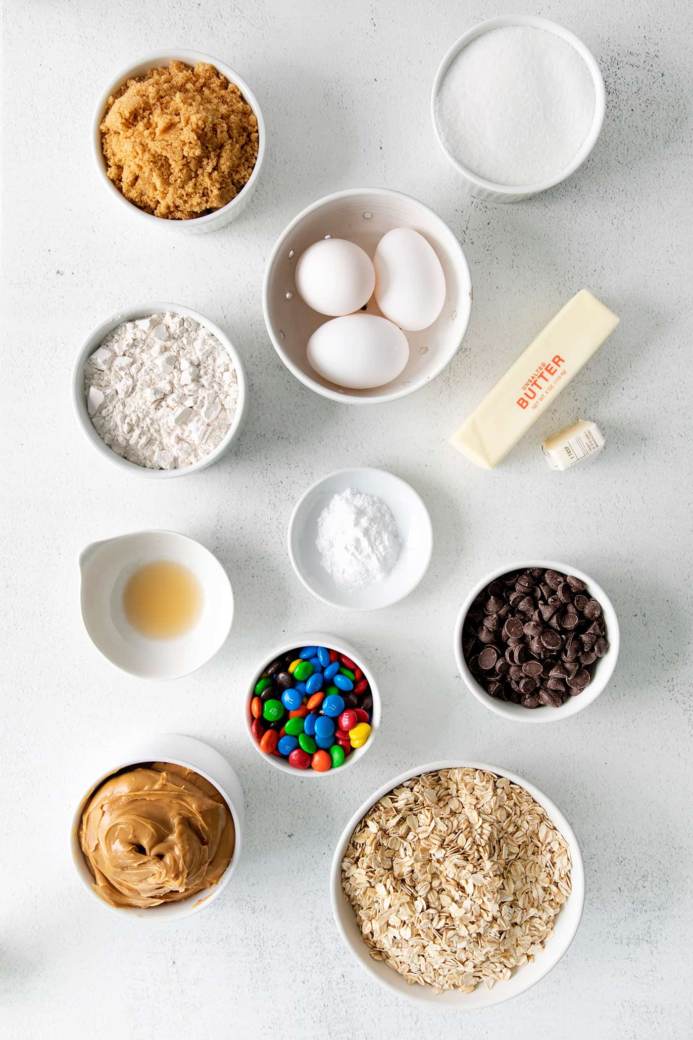 Overhead view of monster cookie bar ingredients