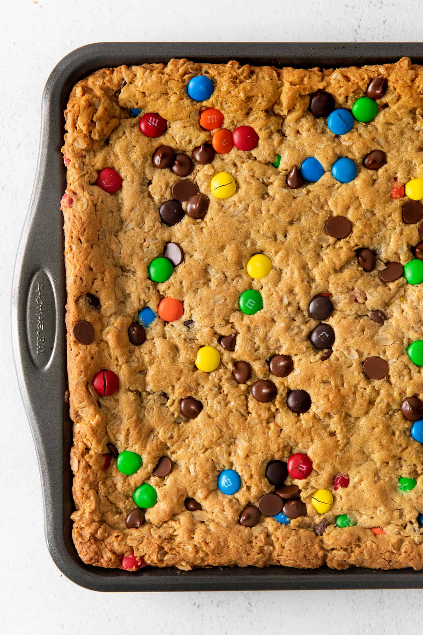 Overhead view of monster cookie bars in the pan