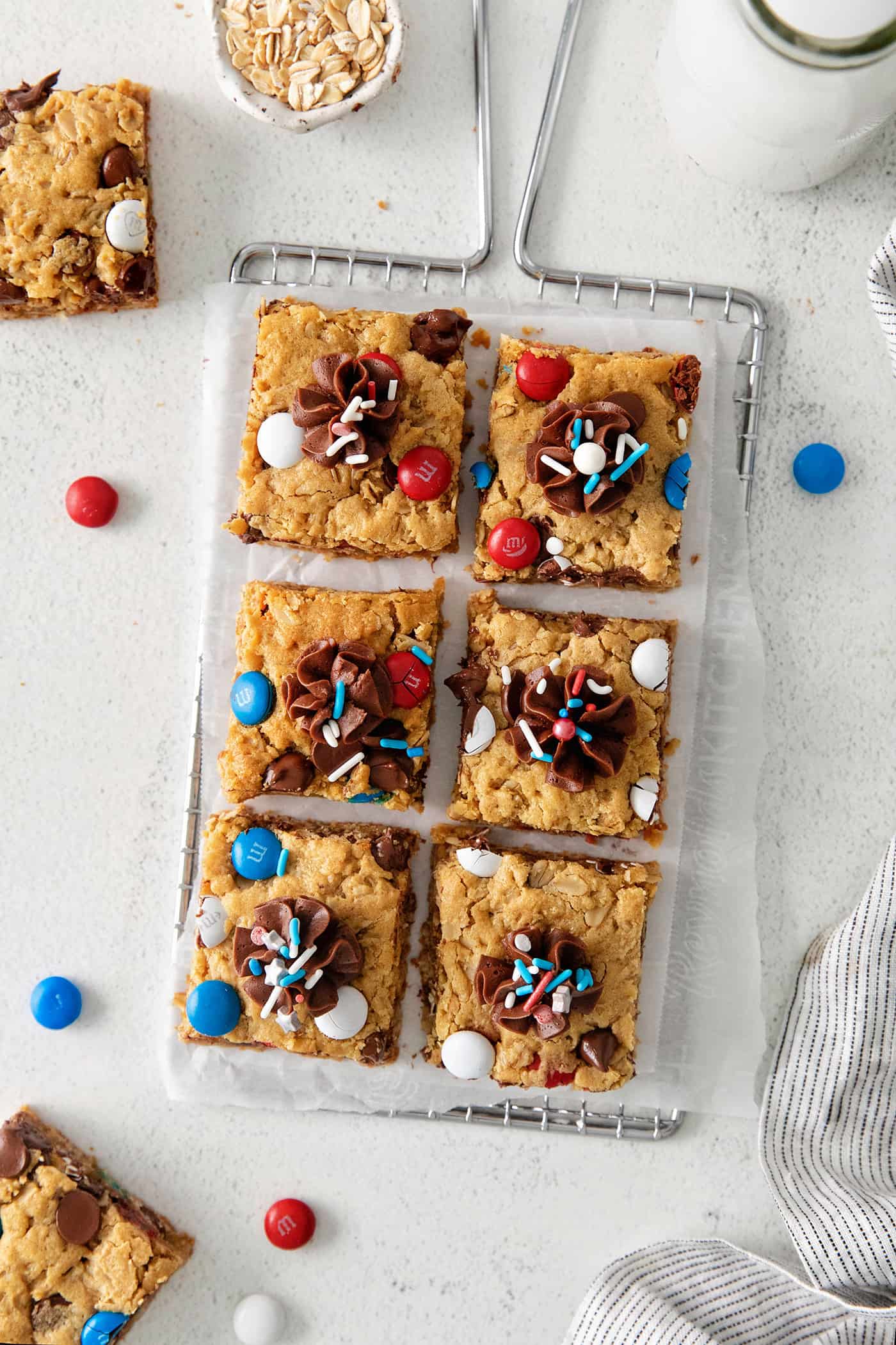 Overhead view of a platter of patriotic cookie bars