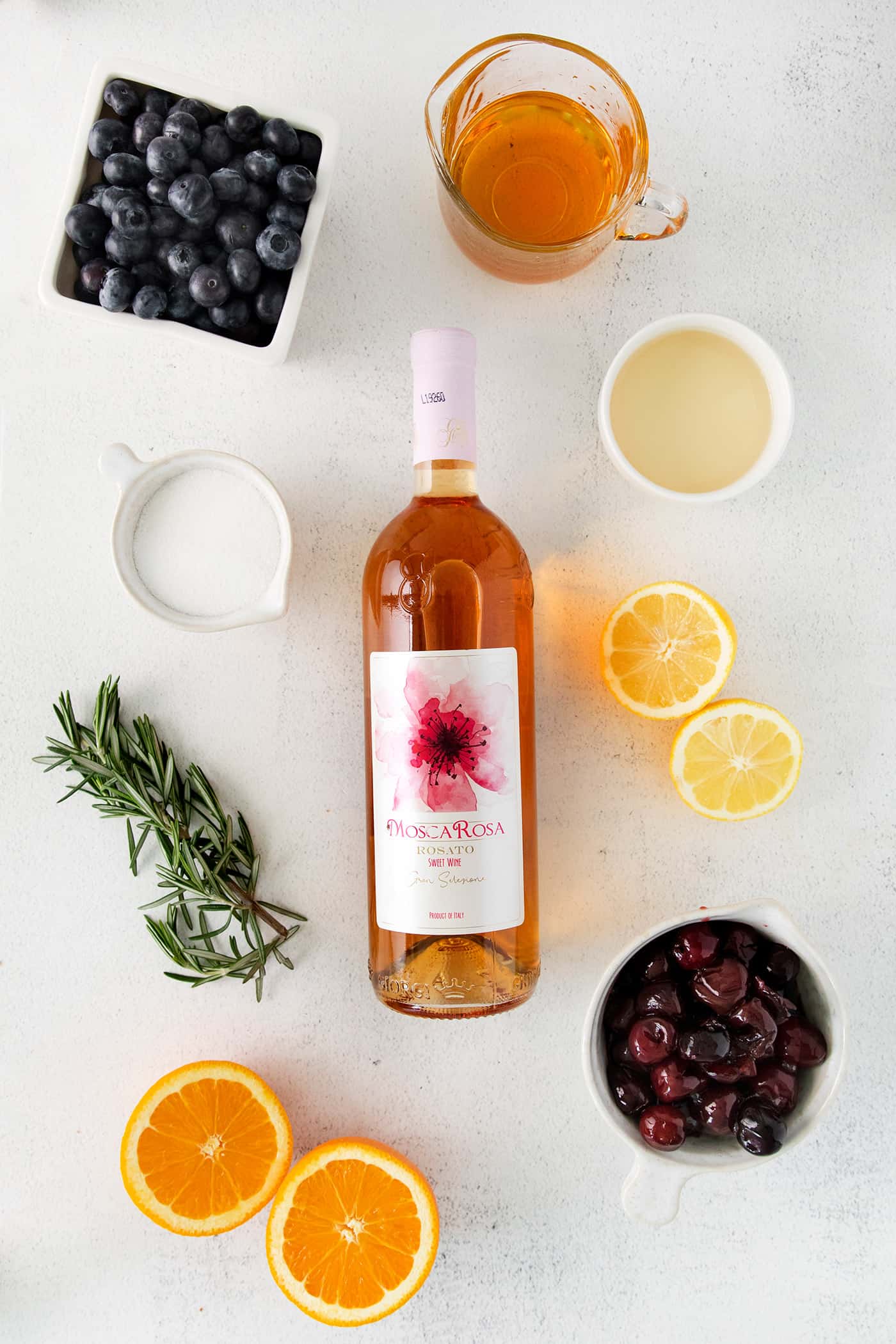 Overhead view of fruity sangria ingredients