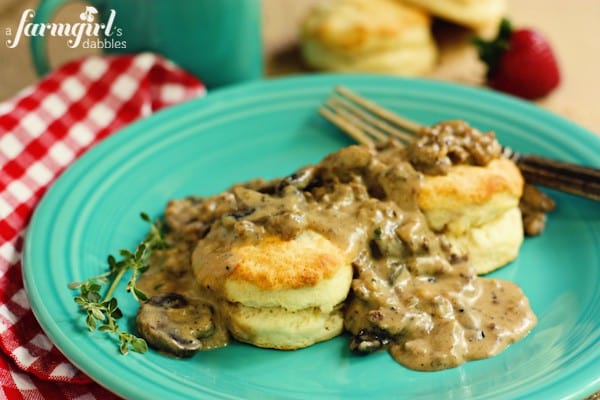 Biscuits with sausage and mushroom gravy on a plate