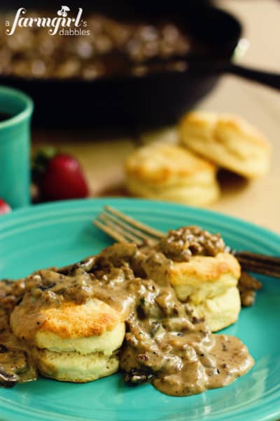 a blue plate of biscuits and gravy