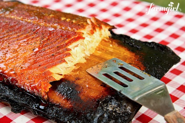 salmon on a cedar grilling plate