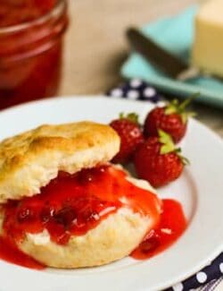 a biscuit topped with Strawberry Rhubarb Jam