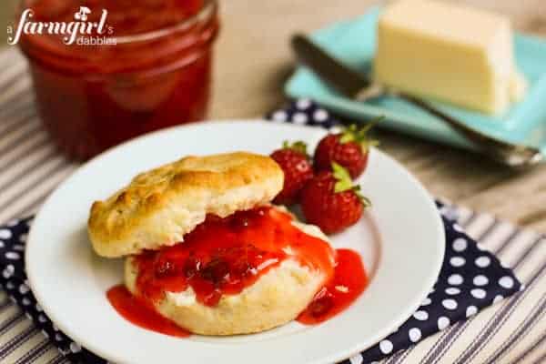 a biscuit topped with Strawberry Rhubarb Jam