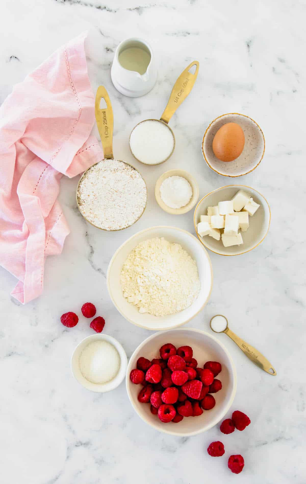 The ingredients for raspberry scones measured out