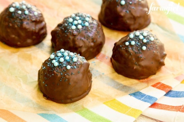Peanut Butter Bonbons topped with blue sprinkles