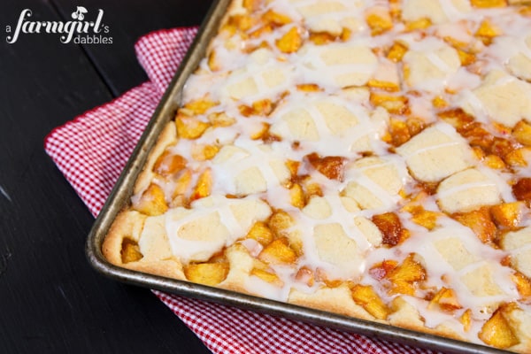 A Large Pan of Unsliced Almond Peach Squares