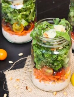 A jar of Italian Chopped Salad with dressing