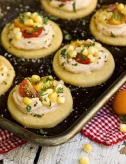 Shortbread Bites topped with Smoky Cream Cheese, Sweet Corn & Tomatoes