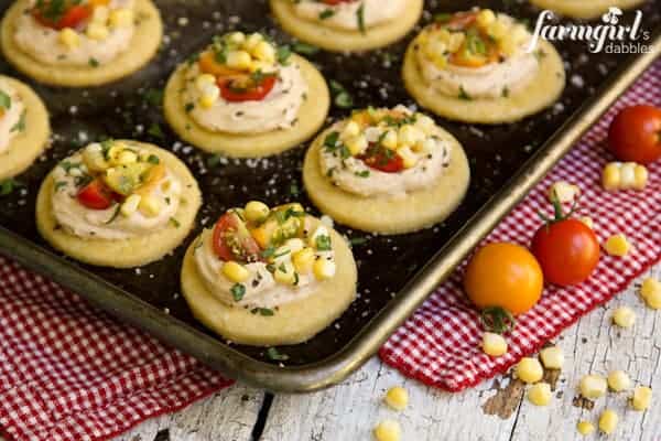 Shortbread Bites topped with Smoky Cream Cheese, Sweet Corn & Tomatoes