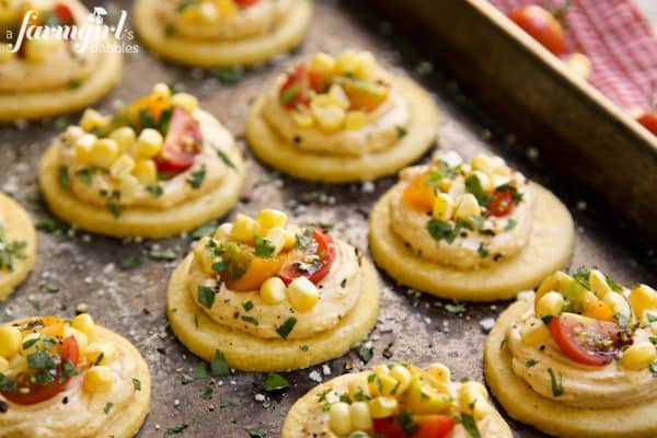 Shortbread Bites topped with cream cheese and vegetables