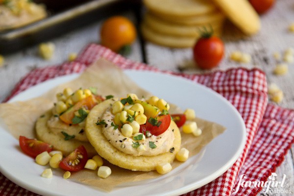 corn, tomato, and cream cheese shortbread bites