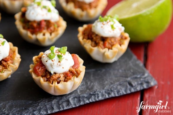 These cheesy turkey tacos are made in mini Fillo cups - so easy and yummy!