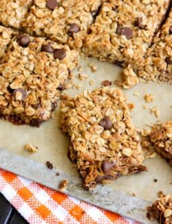 a sheet pan of sliced Chocolate Chip Granola Bars