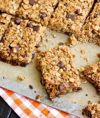 a sheet pan of sliced Chocolate Chip Granola Bars