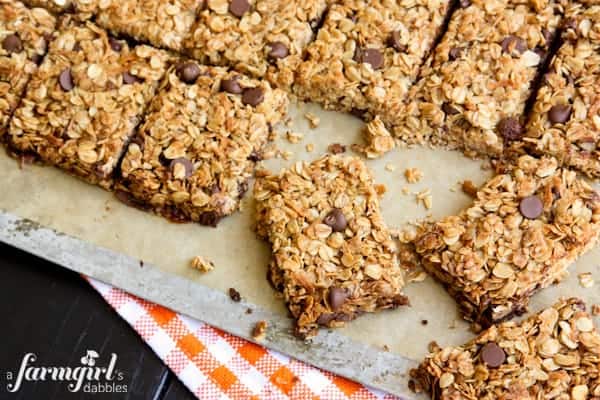 a sheet pan of sliced Chocolate Chip Granola Bars