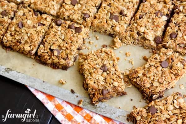 a sheet pan of sliced Chocolate Chip Granola Bars