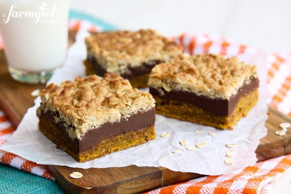 bars with pumpkin, fudge, and a streusel layer
