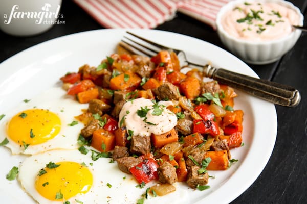 Beef, red pepper, and Sweet Potato Hash with eggs