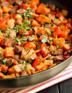 A skillet of beef and sweet potato hash is the perfect breakfast.