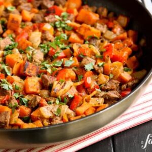 A skillet of beef and sweet potato hash is the perfect breakfast.