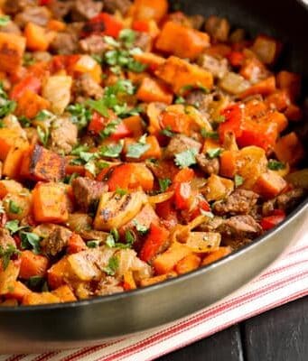 A skillet of beef and sweet potato hash is the perfect breakfast.
