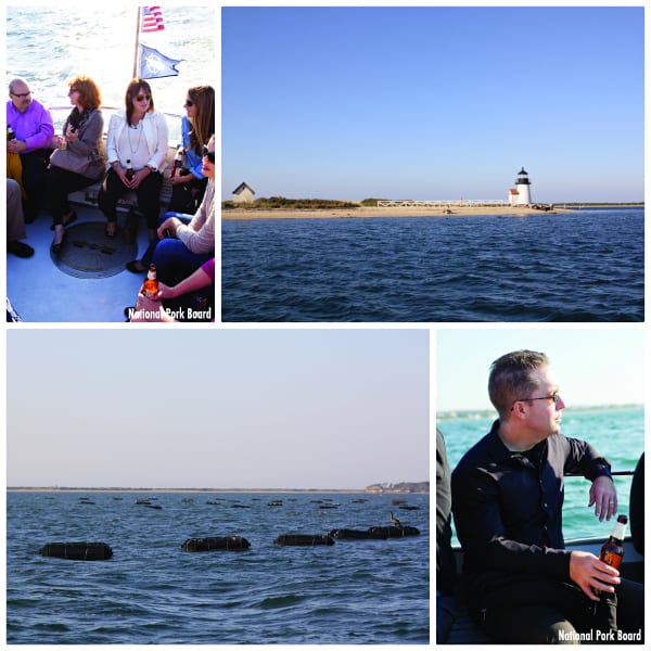 a collage of photos showing the Brant Point Lighthouse and an oyster farm