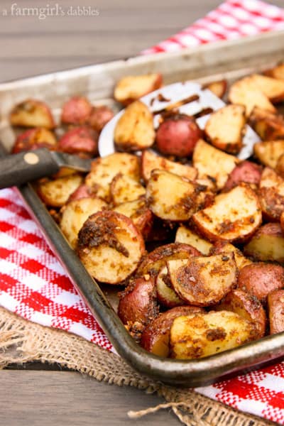 a rimmed baking pan of Roasted Potatoes