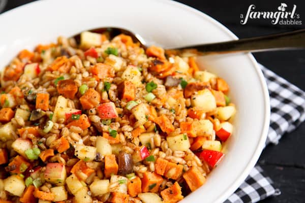 Farro Salad mixed with Sweet Potatoes, Apples, and Chestnuts