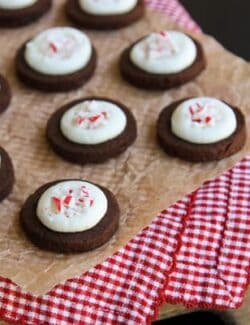 Chocolate Espresso Shortbread Bites topped with Peppermint Buttercream and crushed candy canes