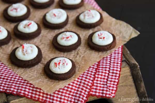 Chocolate Espresso Shortbread Bites topped with Peppermint Buttercream and crushed candy canes