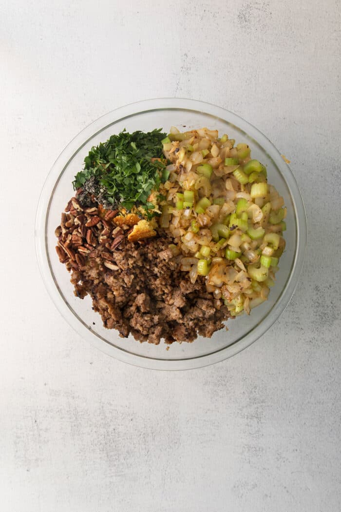 Cornbread stuffing ingredients in a bowl