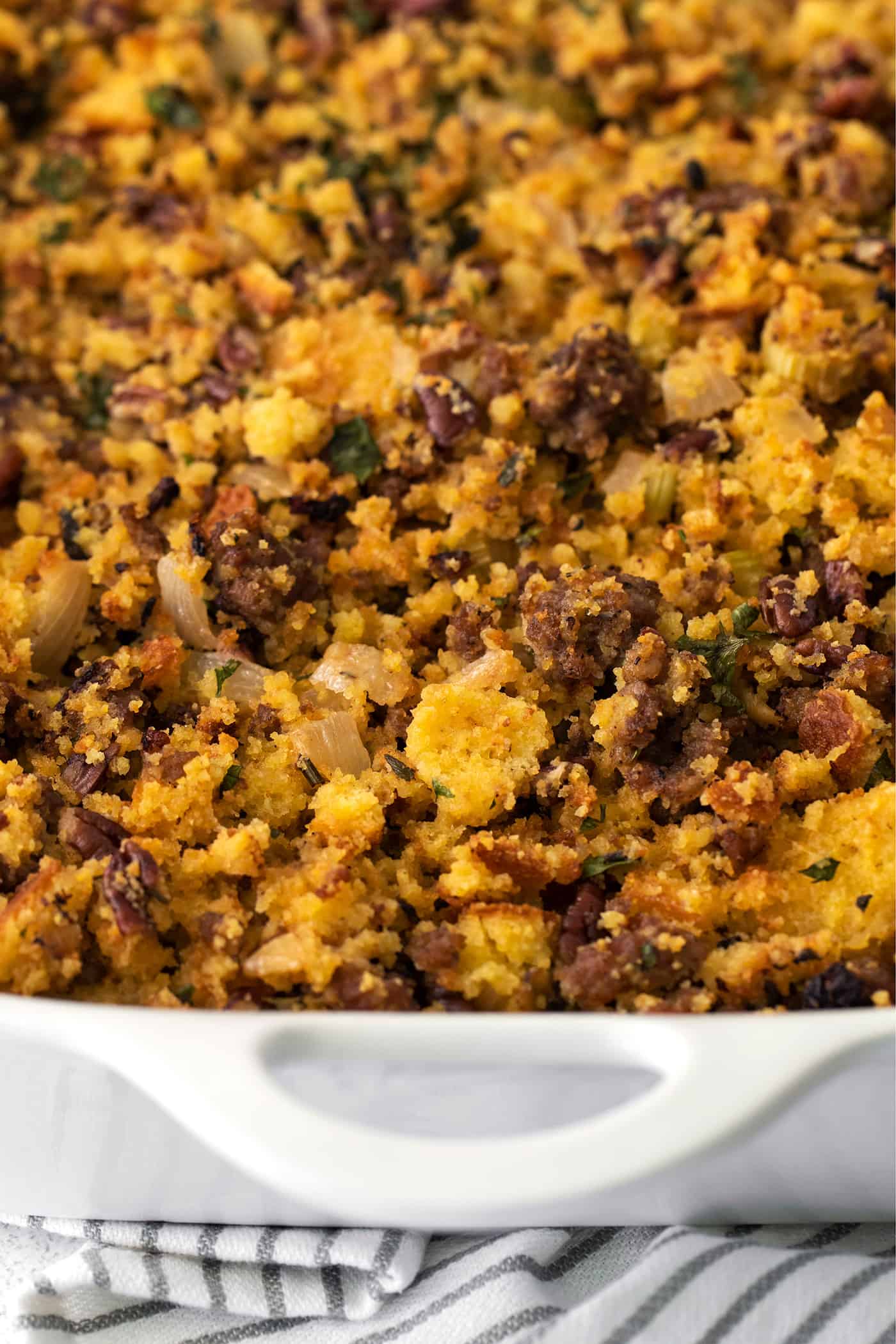 Close-up of cornbread dressing with stuffing