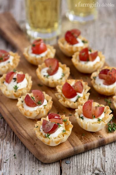 Mini Phyllo Cups filled with Whipped Goat Cheese and topped with Grapes and Thyme