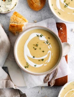 Overhead view of a bowl of creamy potato soup