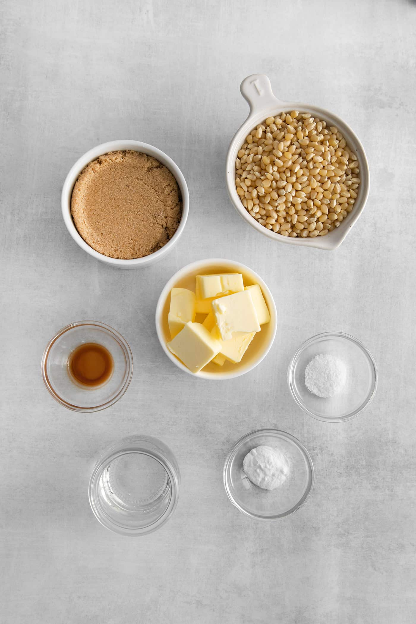 Overhead view of caramel popcorn ingredients