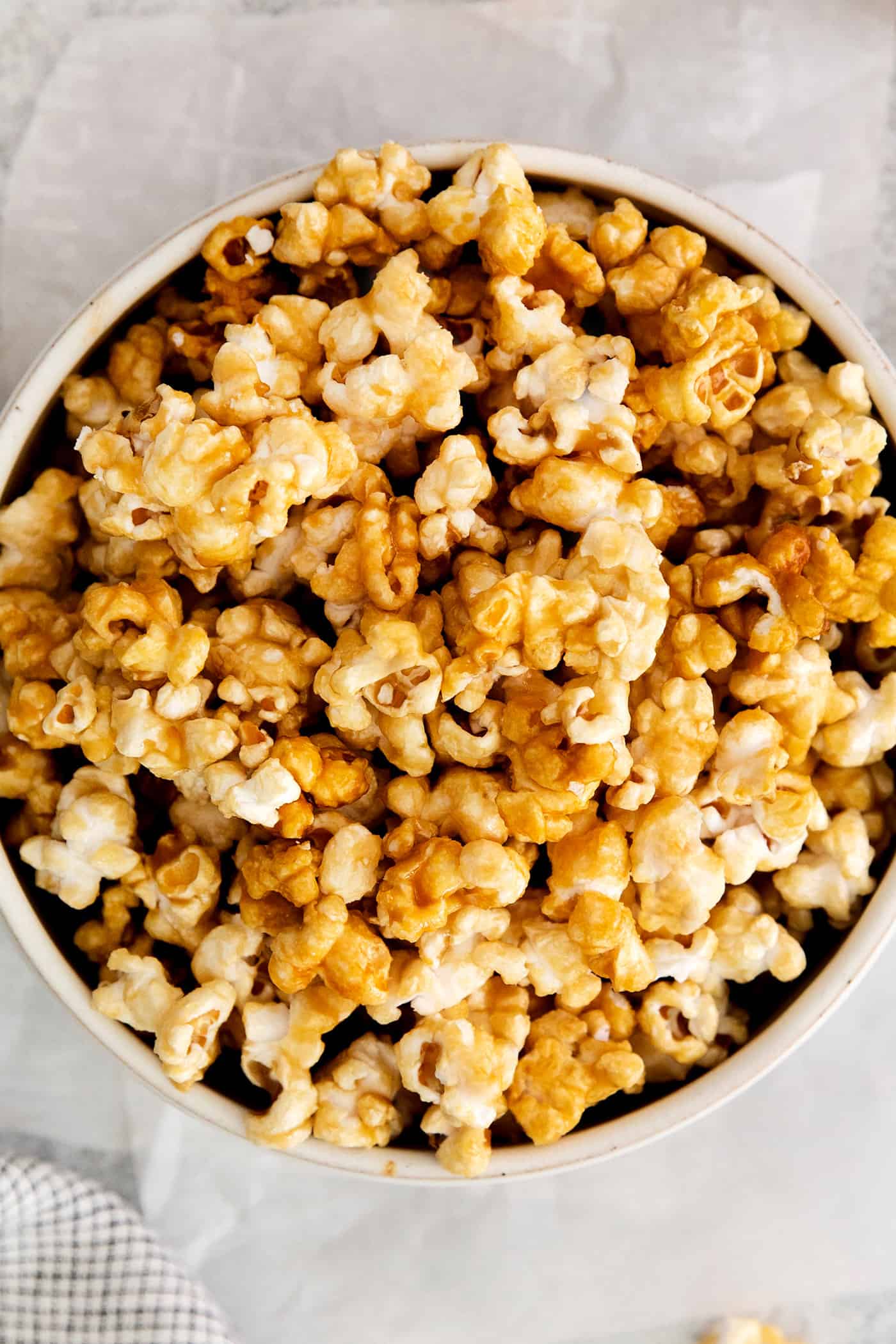 Close up of a bowl of caramel popcorn
