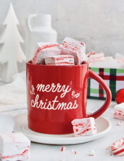 Peppermint marshmallows piled into mug of hot chocolate.